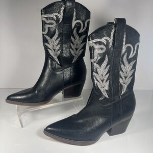 Contrast Embroidered Black Leather Western Boots Oasis Society Size 6.5